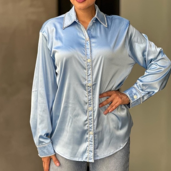 Shannel’s Closet Tops - Rhinestone Diamond Lined Button Down Satin Blouse